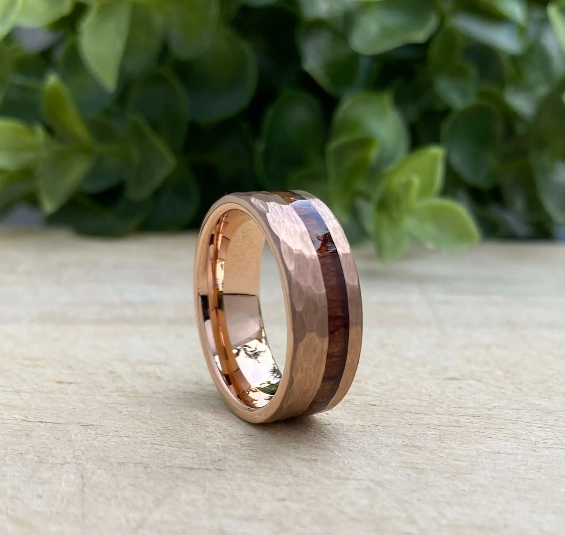 Rose Gold Hammered Tungsten Ring Wood Inlay Mens Wedding Band 8MM ...