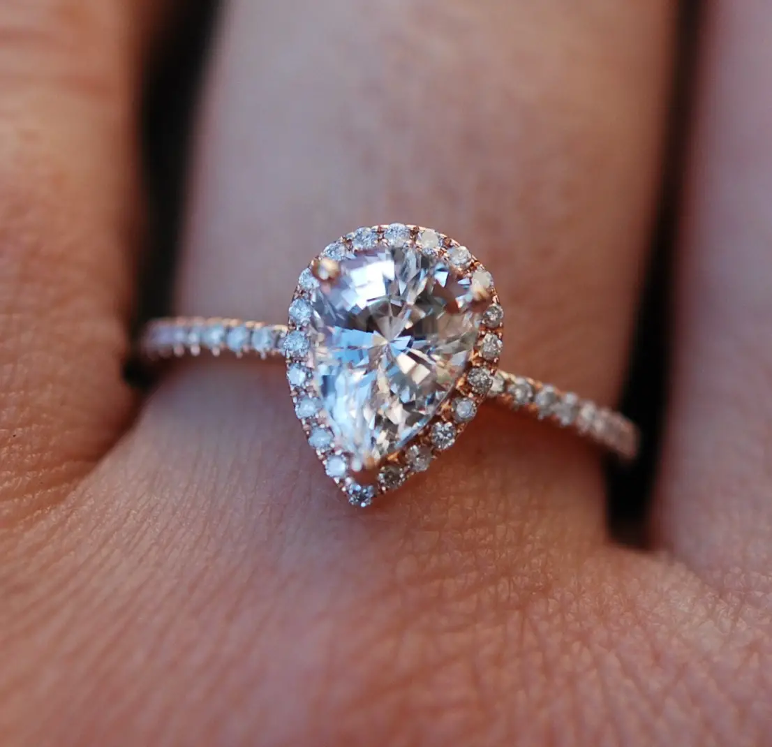 Rose gold ring Pear Sapphire 2.08ct white sapphire diamond ring 14k ...