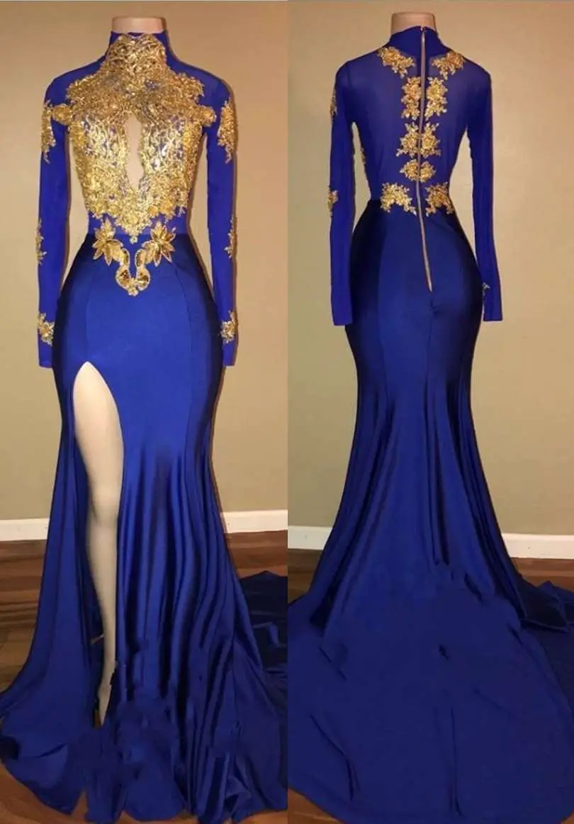 Royal Blue Gold Prom Dresses, Long Sleeves Side Slit Evening Gowns on ...