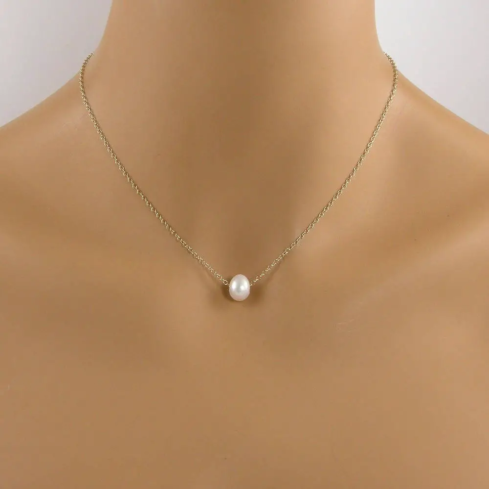 Single White Pearl Gold Floating Pearl Necklace 9mm