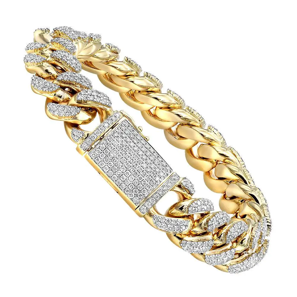 Solid 10k Gold Miami Cuban Link Chain Diamond Bracelet for Men 14mm ...