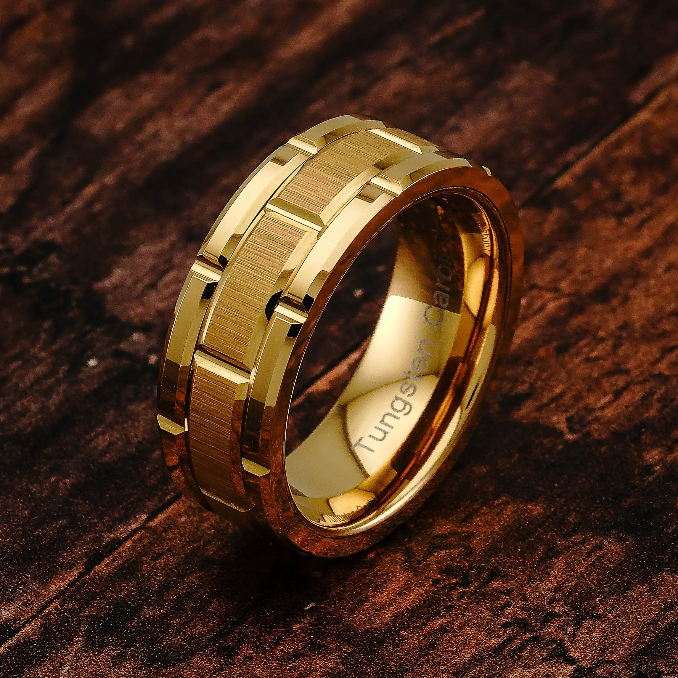 Tungsten Ring for Men Wedding Band Gold Brick Pattern Brushed Beveled ...