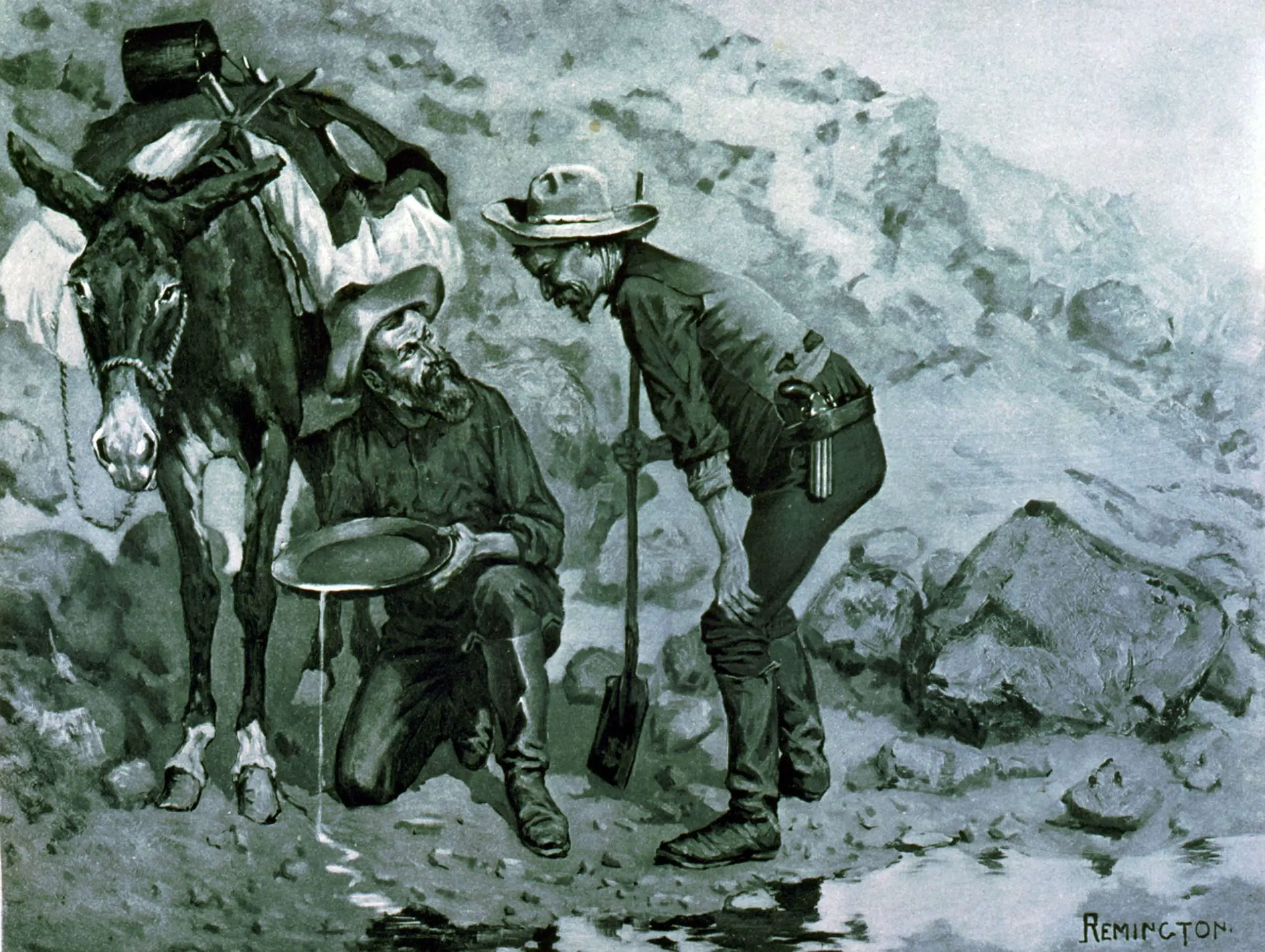 Two miners panning for gold by Frederic Remington. The ...