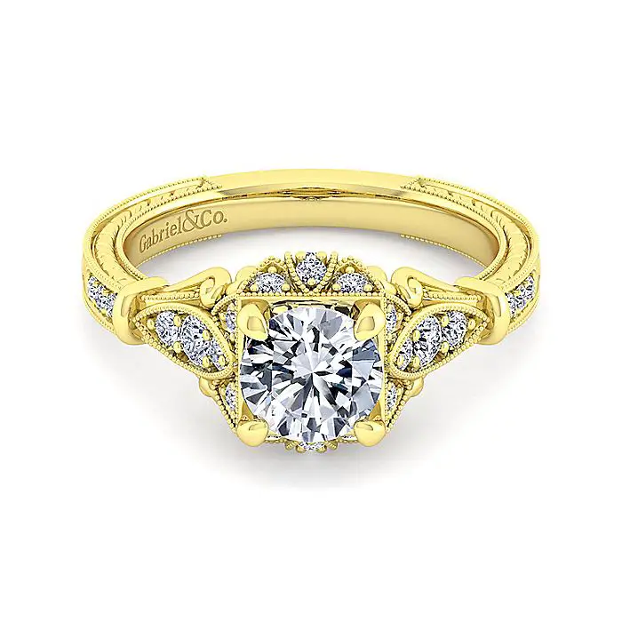 Unique 14K Yellow Gold Vintage Inspired Halo Diamond Engagement Ring ...