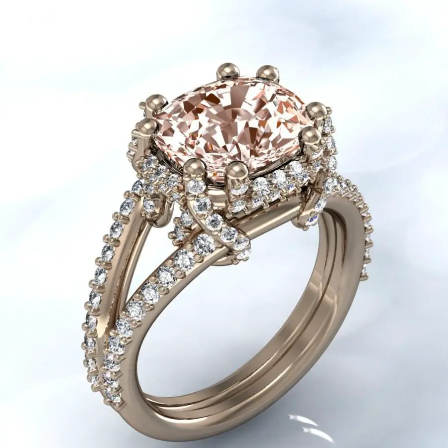 Unique Rose Gold Cushion Morganite And Diamond Halo Engagement Ring ...