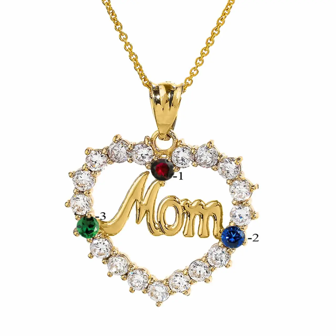 Yellow Gold " MOM"  Open Heart Pendant Necklace with Birthstones
